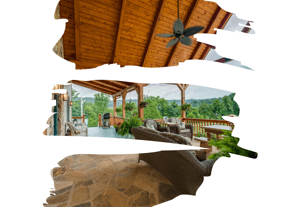 Graphic of outdoor living space with wood roof with ceiling fan, beautiful views with comfy couches and a stone flooring